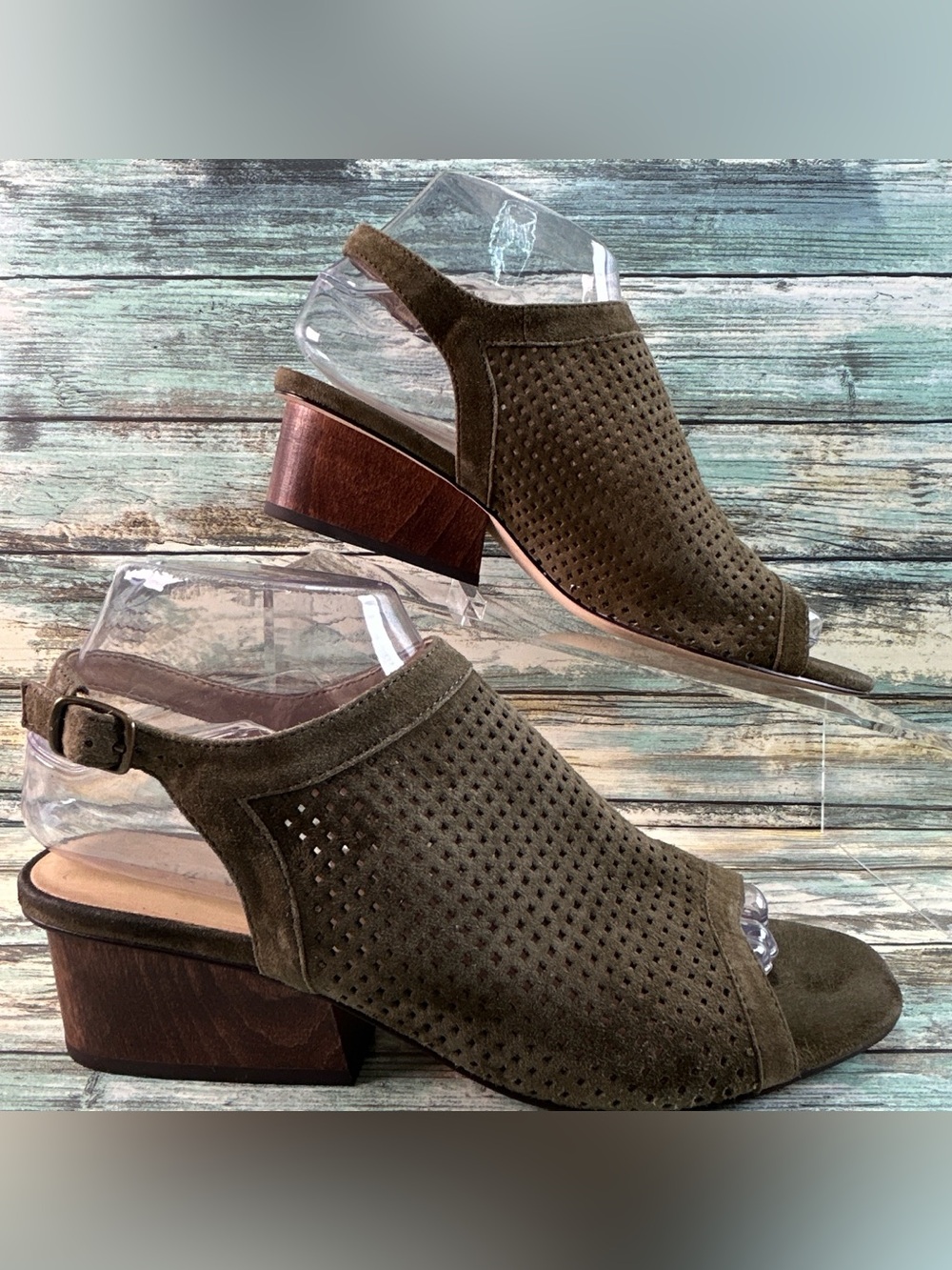 VANELI Slingback Open Toe Perforated Dress Sandals Size 8 Green Suede Block Heel